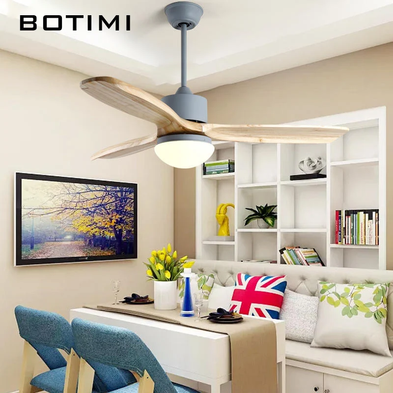 BOTIMI 48 Inch Solid Wood Ceiling Fan With Lights For Living Room Remote Control Ventilateur de plafon Bedroom Cooling Fan Lamp