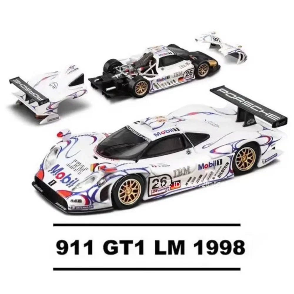 1:64 Porsche 911 GT1 LM 1998 Model Supercar Toys Alloy Diecast 911 GT3 R Sports Cars Hood Opened Rubber Tires Collection Models