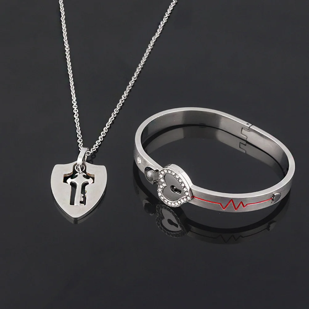 

1 set Couple Heart Bracelets Key Necklace Valentine'S Day Gift Durable Wrist Design Party Jewelry Decorative