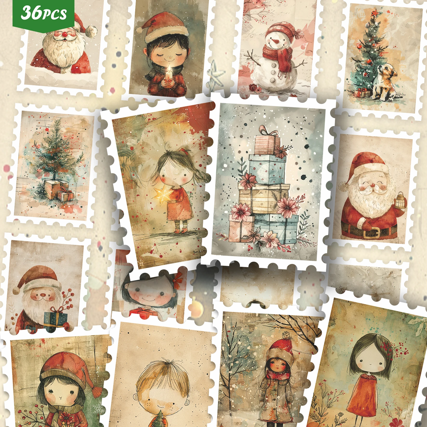 36PCS Watercolor Christmas‑themed Decorative Sticker Collection for laptops, featuring hand‑drawn festive figures, gift stacks,