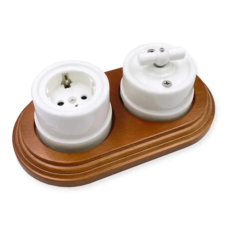 Home Improvement Retro Ceramic EU Electrical Wall Socket 1-3 Hole Wooden Base European Style Wall Outlet