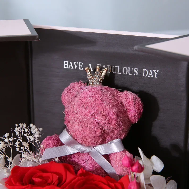 Creative Valentine\'s Day Bear Eternal Flower Gift Box Double Door Rose Necklace Jewelry Box Christmas Gift Lipstick Gift Box