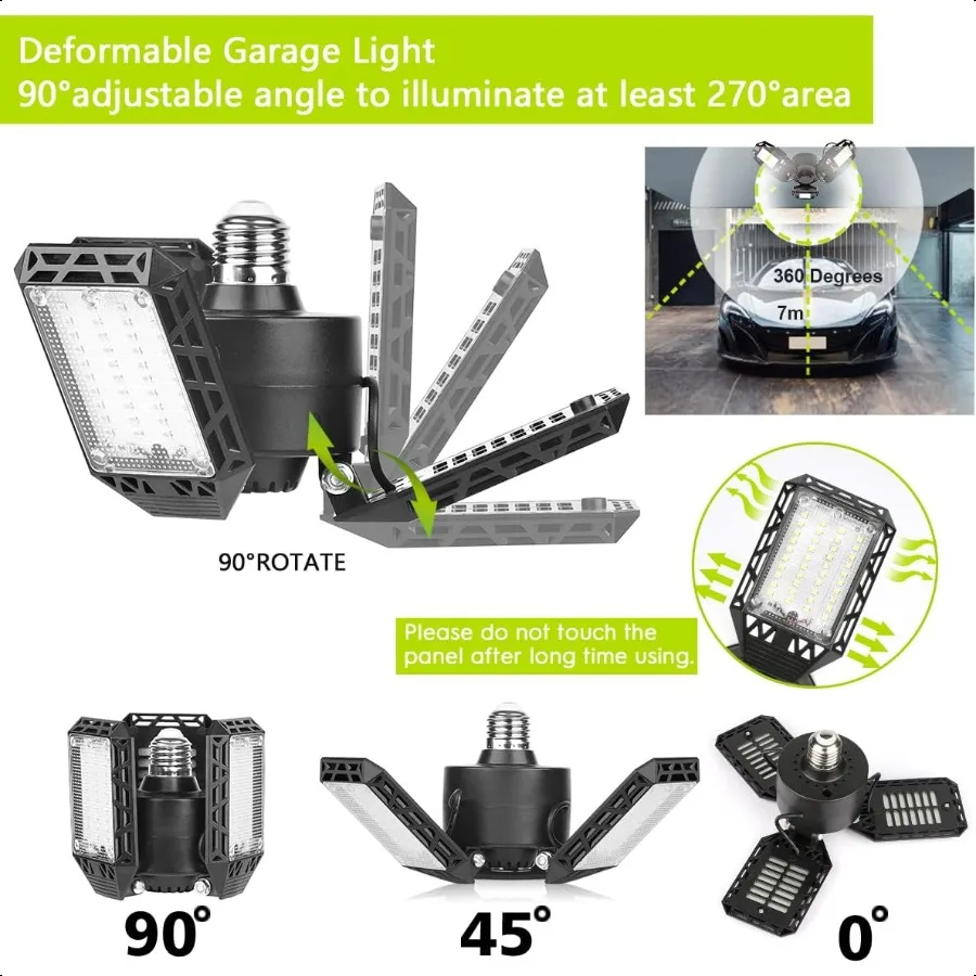 4 Pack Led Garage Lights 60W Deformable Garage Ceiling Light 8000 lm E26 Basement Lights with 3 Adjustable Led Panels Fits for
