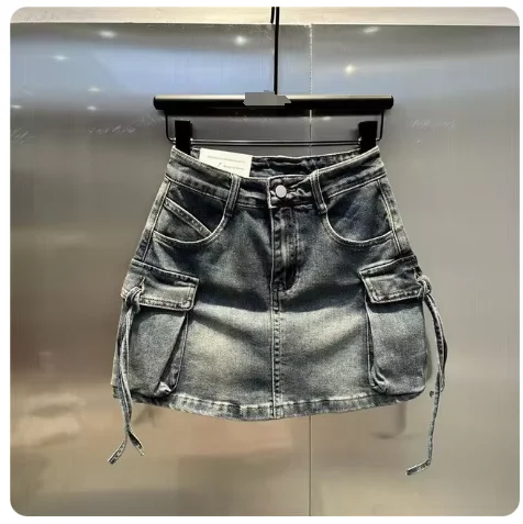 

2024 New Fashion Three Dimensional Strap Pocket Wash High Tooling Denim Skirt Women Y2K Summer Vintage Casual Joker A Skirt