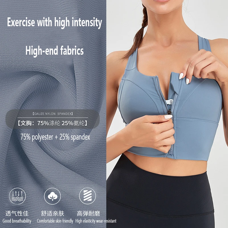 Front Zipper Sports Bra Women Plus Size Wide Strap High Impact Shockproof Running Yoga Crop Top Breathable Padded Gym Tank Top