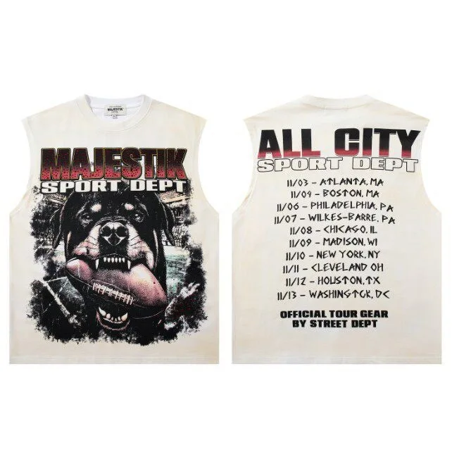 MAJESTIK Retro Direct Injection Printed Beaded Tank Top - Loose-Fitting Casual Gangster Style Vintage Sleeveless T-Shirt
