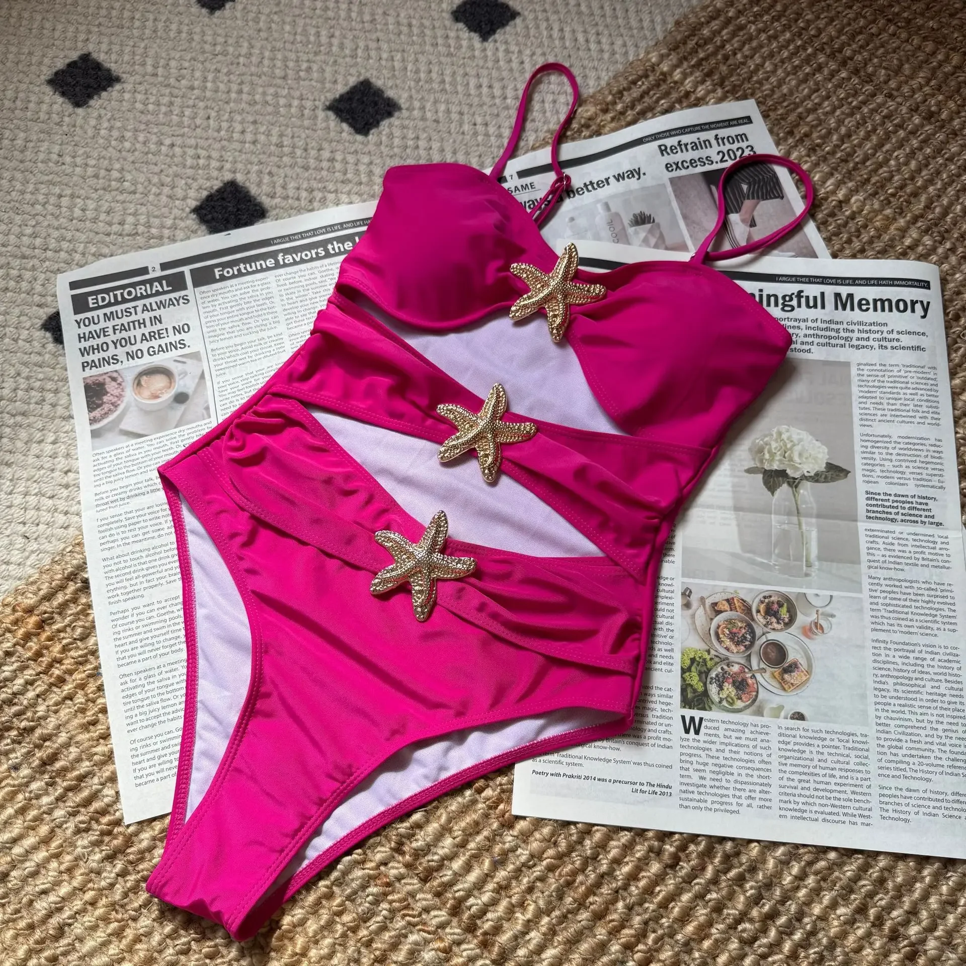 Solid Starfish decoration Bandeau One Piece Swimsuit Hollow-out Strapless Swimwear Elegant Beachwear Monokini