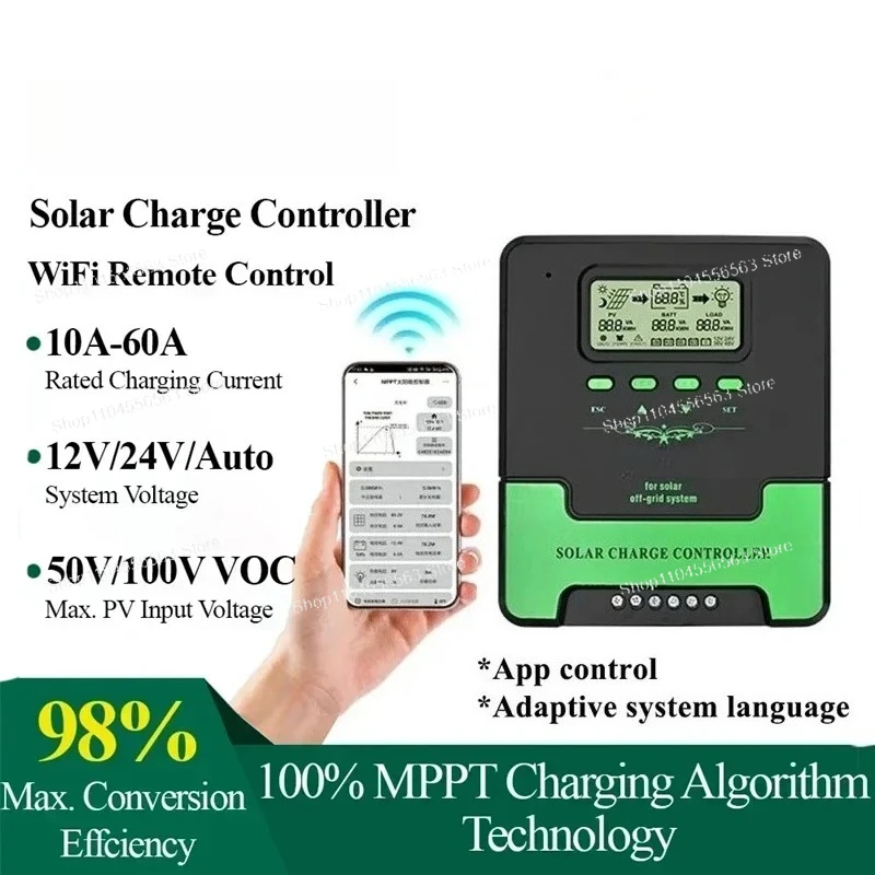12/24V MPPT Solar Charge Controller 10-60A with WIFI & LCD for Lithium/Lifepo4