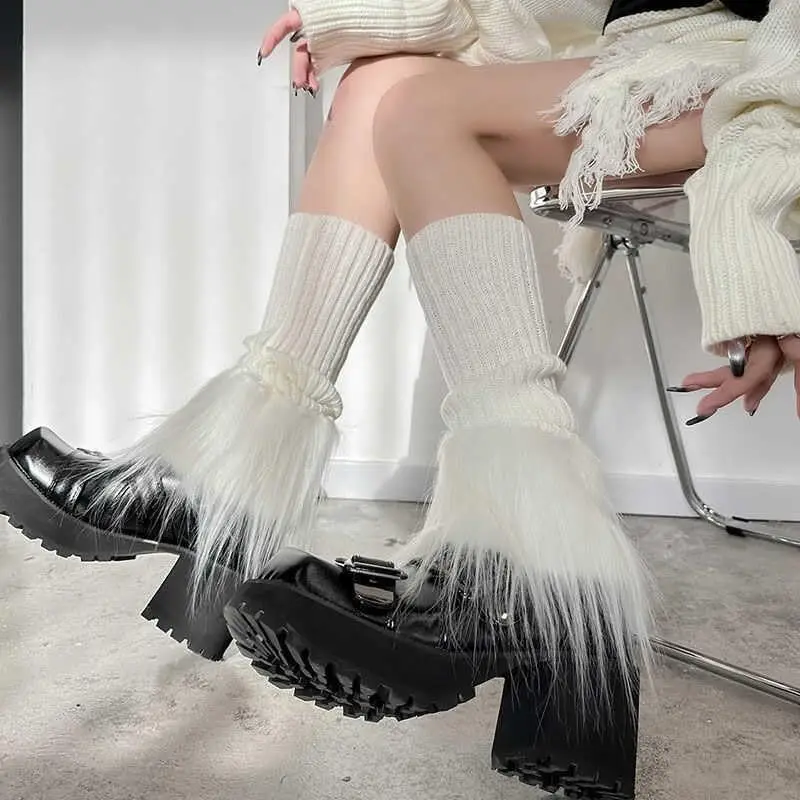 

Y2K Women Leg Warmer Girls Faux Fur Trim Thickened Knitted Leg Cover Lolita Winter Warm Long Socks Furry Boot Cuff