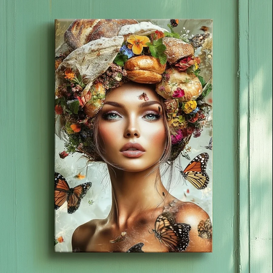 Beautiful Woman with Butterflies Bread Poster Prints Portrait Art Canvas Painting Wall Art Picture for Living Room Home Decor