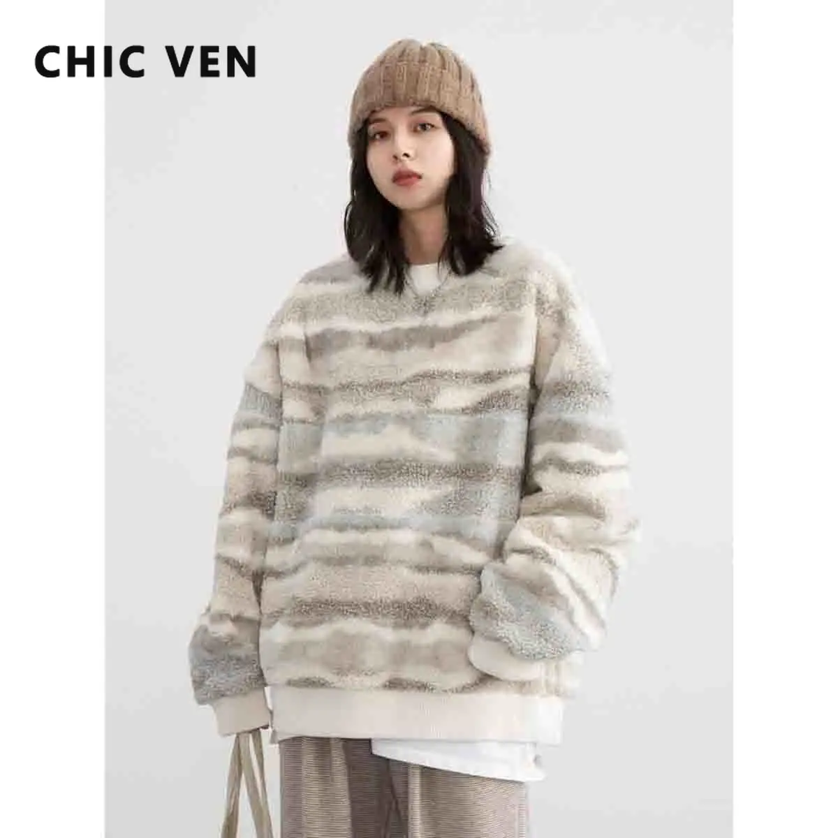 

CHIC VEN Women's Sweaters Korean Casual Loose Contrast Knit Pullovers Fashion Plush Female Tops Spring Autumn New 2024