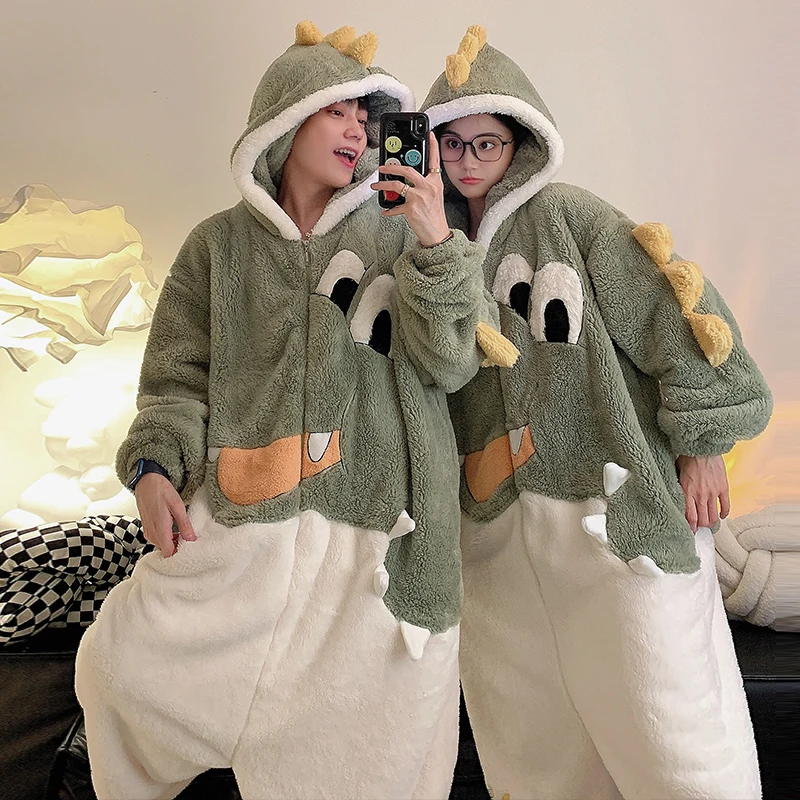 Kigurumis Dinosaur Pajamas Jumpsuits Women Sleepwear Adult Men Homewear Couples Hooded Pyjamas Thick Onesie Velvet Zipper