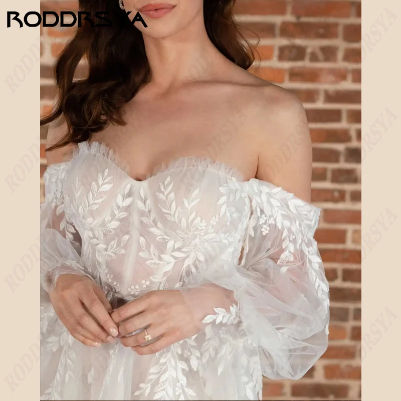 RODDRSYA Beach abito da sposa Sweetheart a-line abito da sposa con spacco alto Tulle Applique Suknia strubna manica lunga Fuff festa della sposa Beach abito da sposa Sweetheart a-line abito da sposa con spacco alto Tul