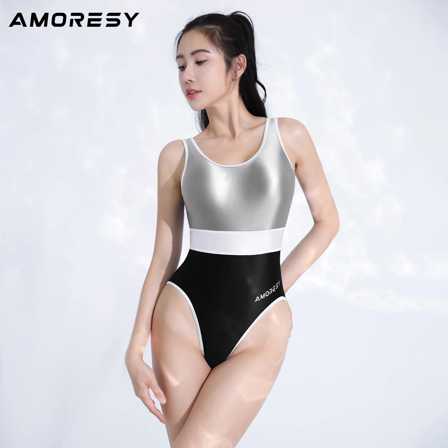 AMORESY Women High-Leg Patchwork Leotards Spandex One-Piece Competitive Swimsuits Satin Elasticity Backless Surfing Bathing Suit - view 2
