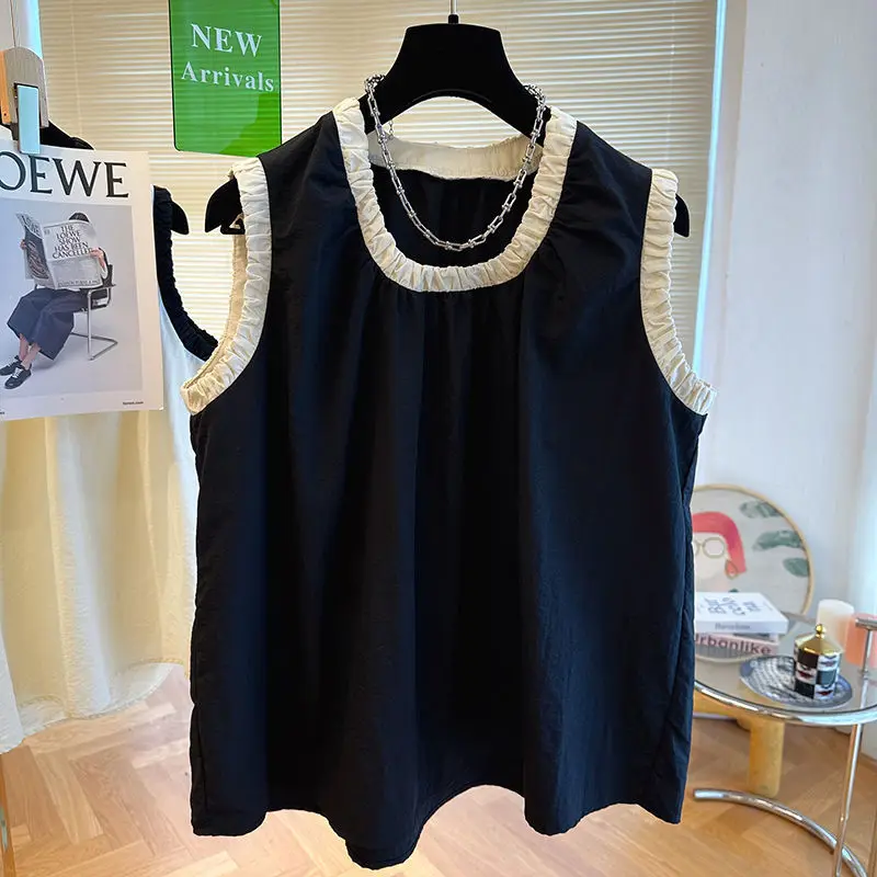 French design with contrasting color pleats and edging, sleeveless t-shirt for women, short sleeved shirt top
