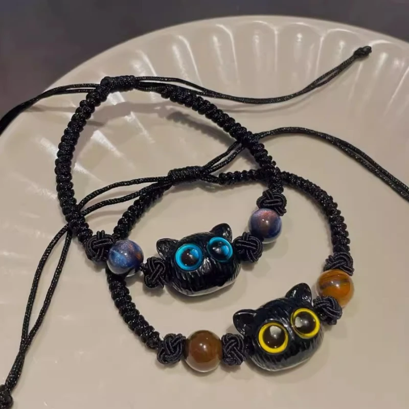 Adjustable Braided Rope Cute Black Cat Charm Bracelet for Women Men Wrist Chain Bracelet Couple Lovers Gifts Fashion Jewelry