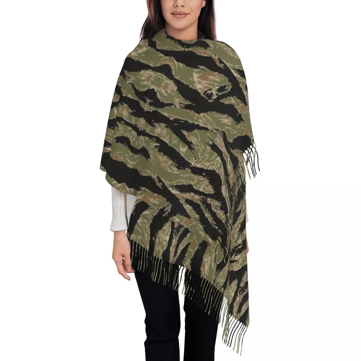 Female Large Tiger Stripe Camo Scarves Women Winter Soft Warm Tassel Shawl Wraps Military Tactical Camouflage Scarf