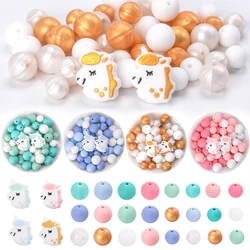 LOFCA 50Pcs Silicone Unicorn Beads And Round 12/15mm Loose Silicone Beads For Making DIY Necklace Making Jewelry accessories
