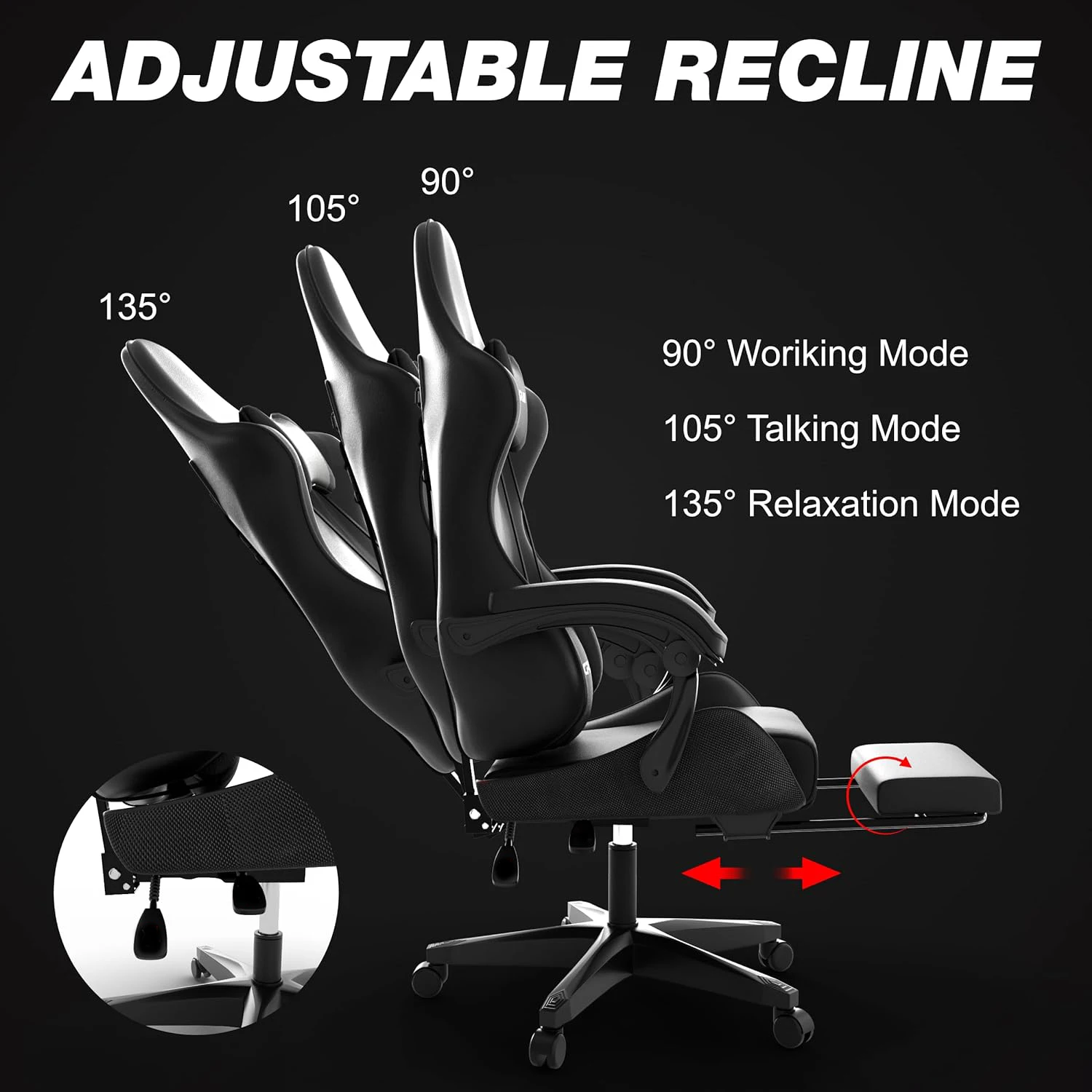 ﻿  Leather Office Gaming Chair with Ergonomic and Lumbar Support Retractable Footrests Silent Casters