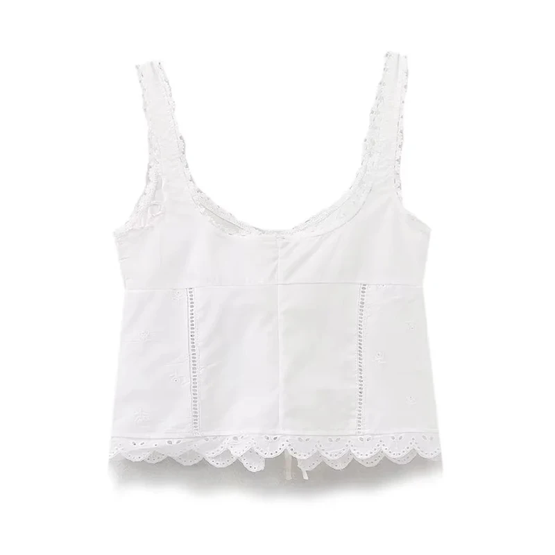 Summer Women Sleeveless Vest Lace Embellished Floral Hollow Camis Top Sexy Comfortable Vest Bow Suspender White