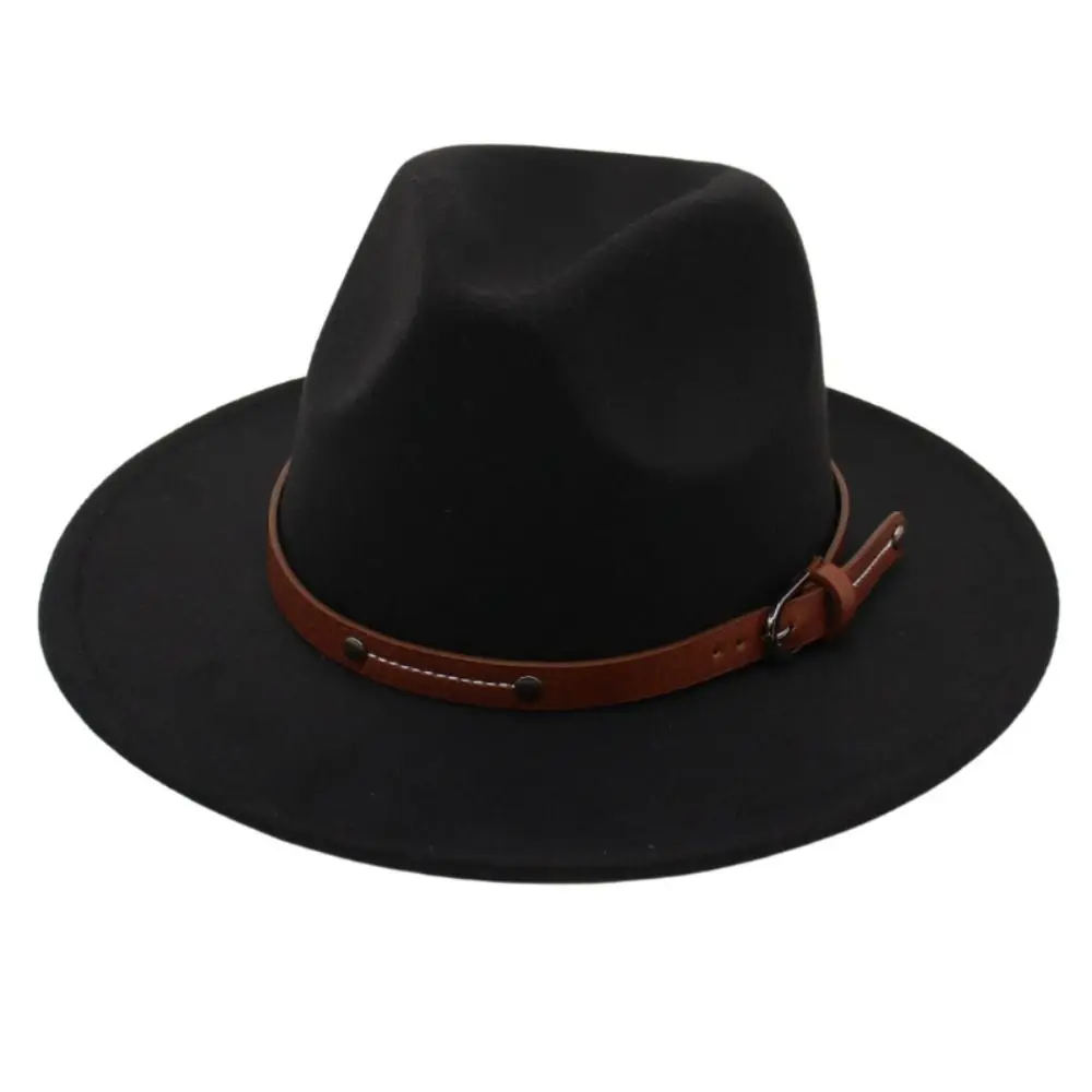 Fashion With Belt Buckle Felt Fedora Hats Vintage Wide Brim Panama Cap Elegant Soft Jazz Hat Men Women