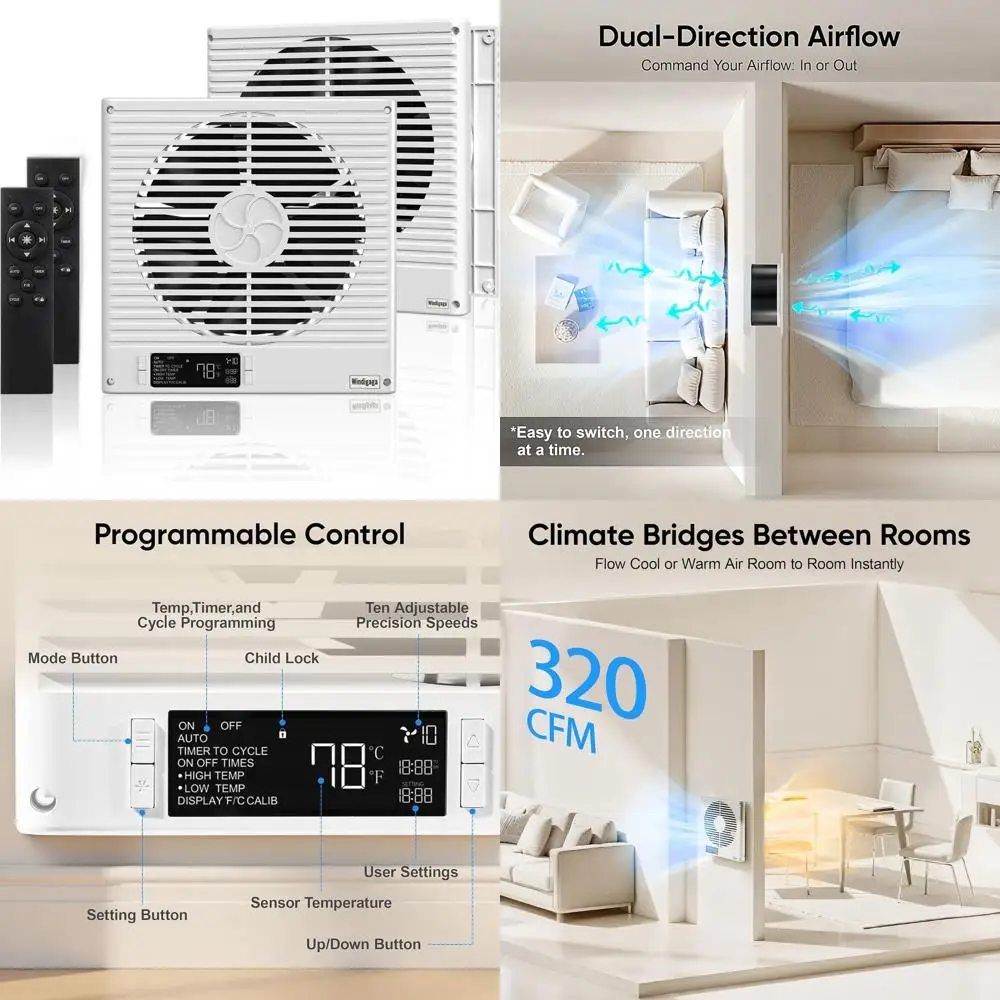 

2-Piece 8 Dual Room Air Transfer System with Remote, 320cm Wall-Penetrating, Temperature-Controlled, Reversible Airflow, 10-Spee