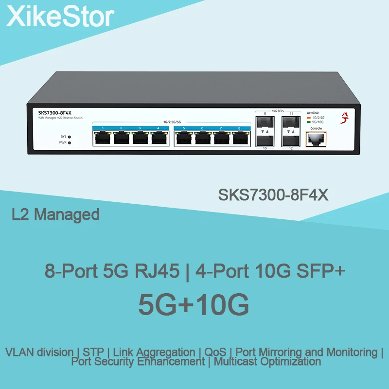 

XikeStor 5G+10G Скорость Ethernet 8-портовый 5G RJ45 и 4-портовый 10G SFP+ слой 2 функции