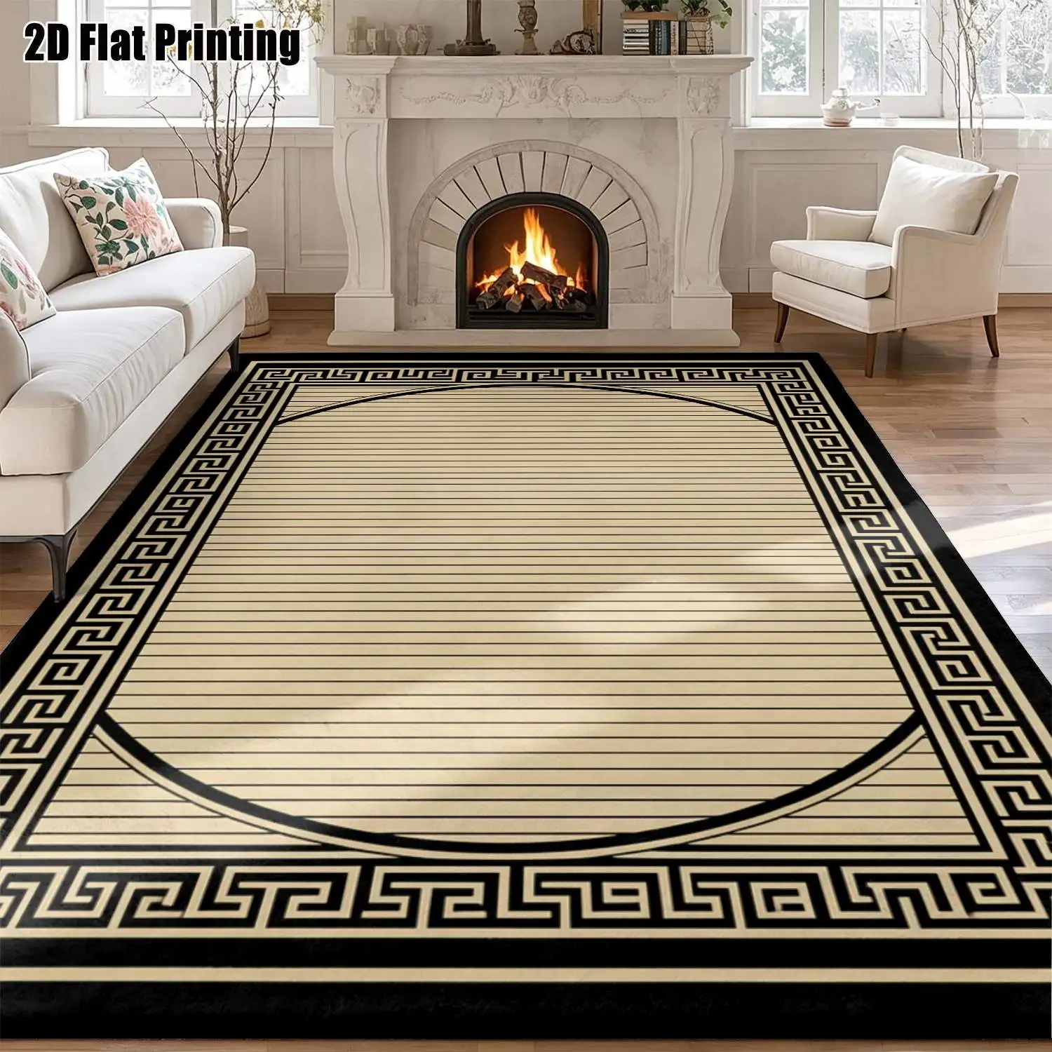1Pc 2D Printed Beige Geometric Line Vintage European Carpet, Multi-Size Machine-Washable Home Decor for Entrance, Dining Room, Foyer, Bedroom, Living Room