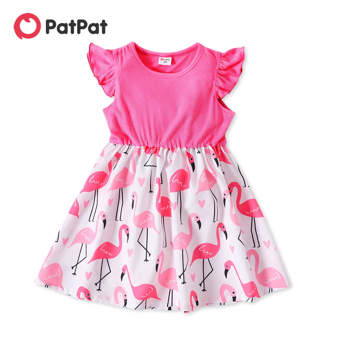 PatPat Toddler Girl Ribbed Flamingo Allover Ruffle Decor Flutter-sleeve Dress