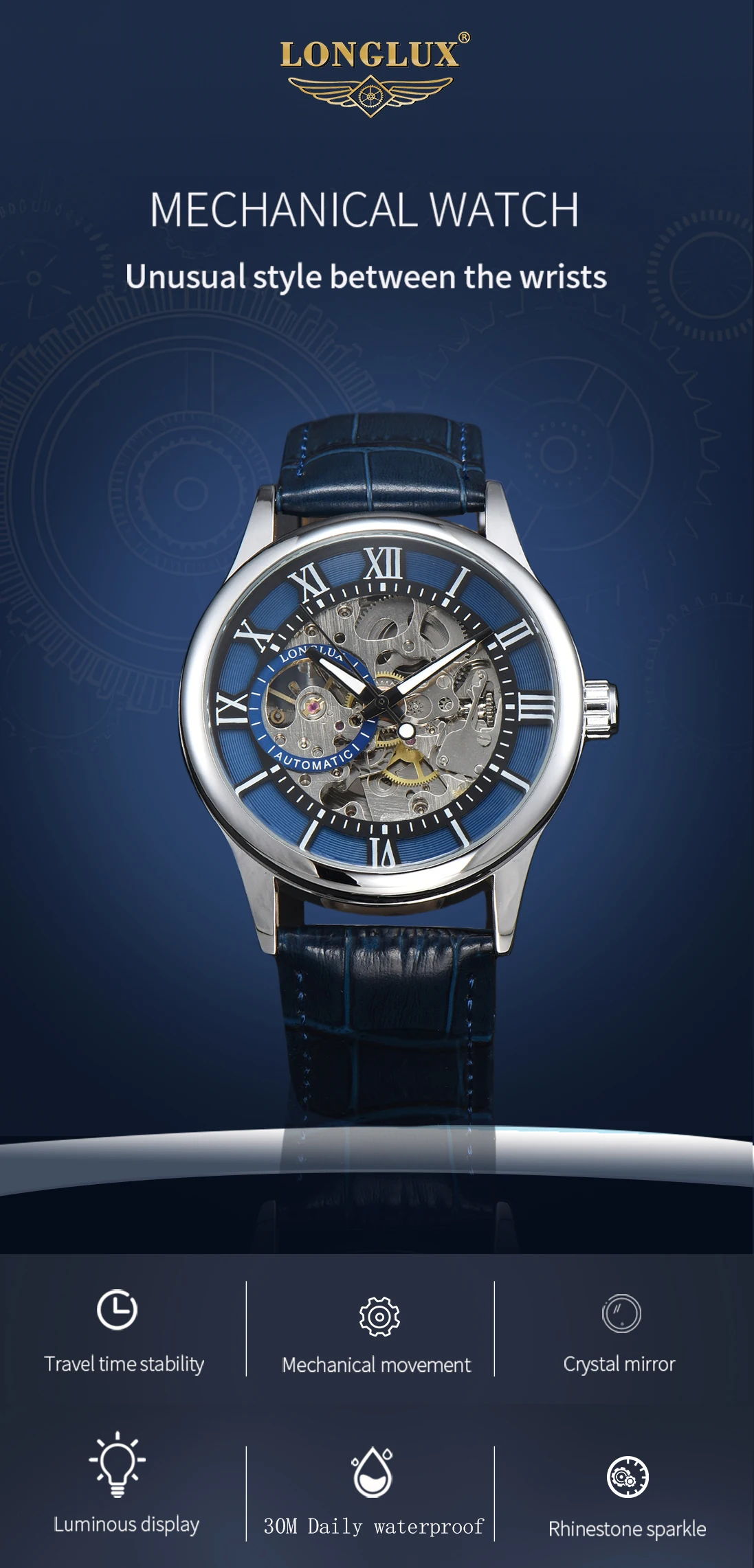 Herren-Automatikuhr, Luxuriöse Mechanische Uhr mit Römischen Ziffern, Wasserdicht, Skelett-Design, Nachleuchtend, Lederarmband, Herrenuhr, Ideal als Geschenk – Detail 1