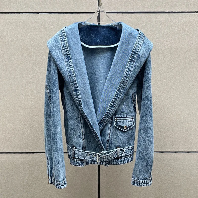 

Women's jacket New retro washed hooded long sleeved top for winter 2025 belt slim fit pure cotton denim jacket y2k Women's coat