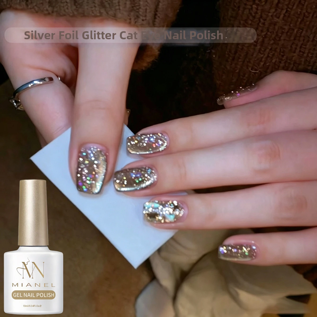 Silver Foil Diamond Dust Cat Eye Gel Polish 2026 Autumn/Winter New, Elegant Light Luxury High-End Diamond Dust Cat Eye  Manicure