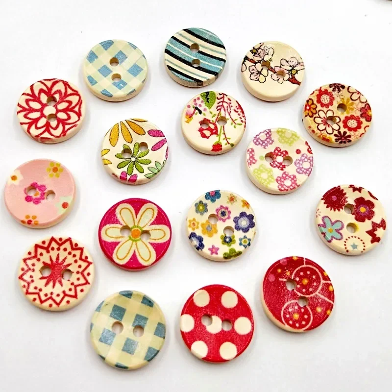 15mm Round Printed Buttons Mixed with Colorful Plaid Stripes Diy Apparel Sewing Supplies Children's Sweater Bread Wooden Buttons