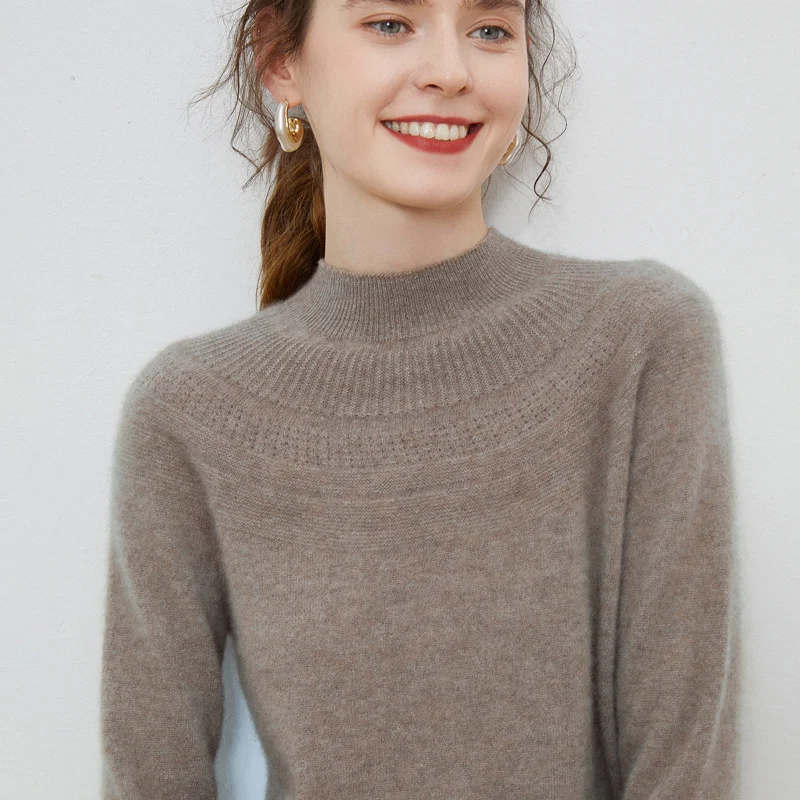 

100% Pure Wool Women's Sweater Half High Collar Knitted Pullover Sweater Korean Fashion Long Sleeve Pullover Warm Top