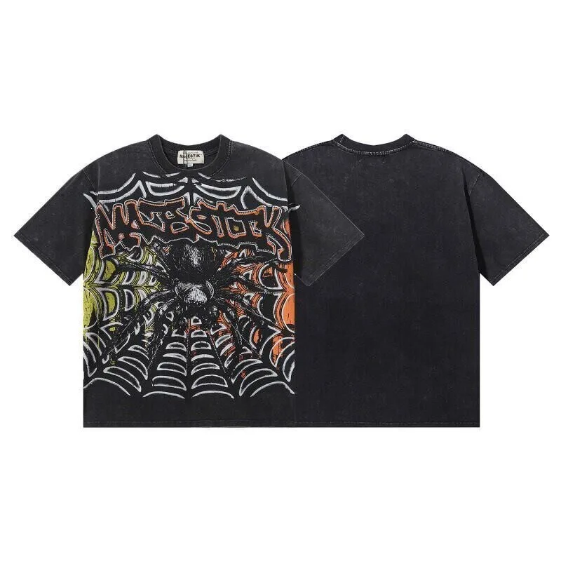 MAJESTIK Trendy Spider Print Beaded Washed Vintage Summer Men's and Women's Loose Short-Sleeved T-Shirt