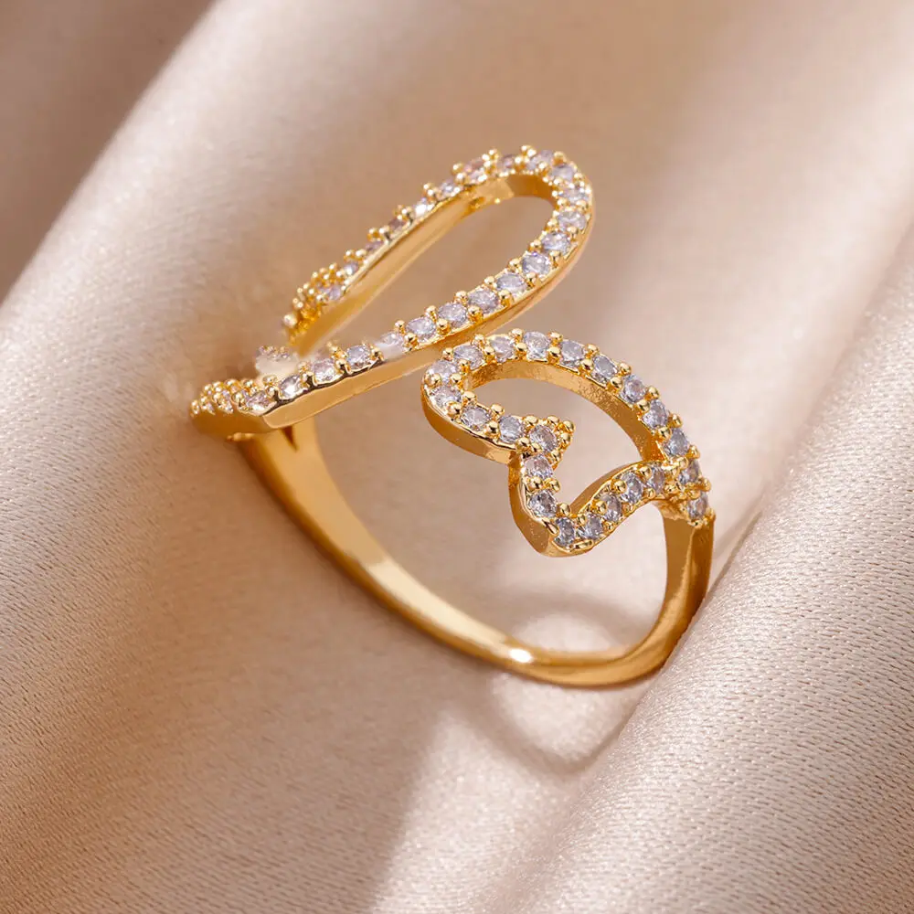 Zircon Hollow Out Heart to Heart Opening Ring Women  Gold Plated Simple Fashion Finger Jewelry Couple Everlasting Love Gift New