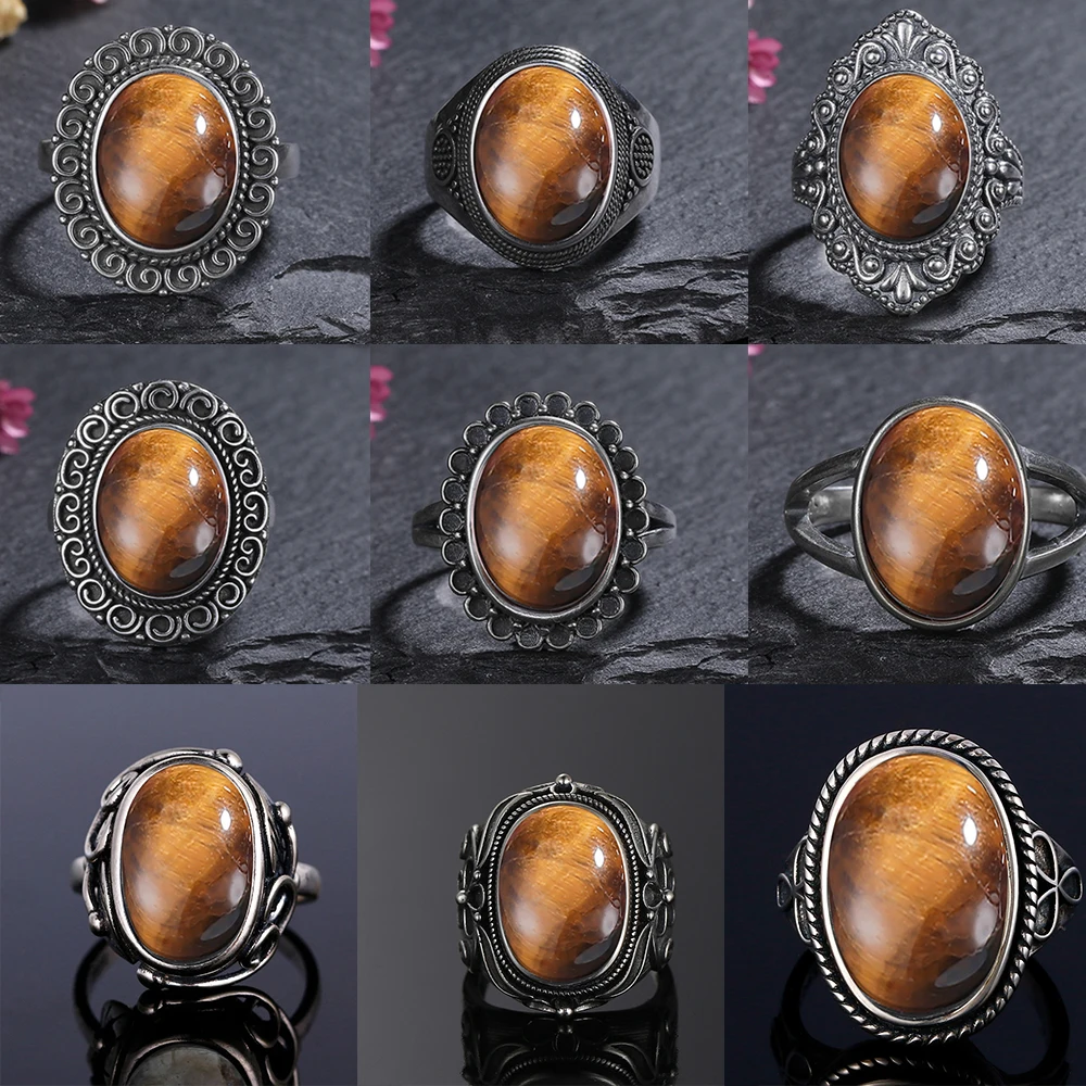 Natural Stone 925 Sterling Silver Ring Big Oval Tiger Eye Stone Retro Engagement Wedding Party Gift for Men Women Jewelry