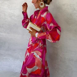 Ladies Fashion Printed V-neck Office Dress Elegant 2024 Split Tie-up Long Dress New Women Pattern Printed Summer Party Dress