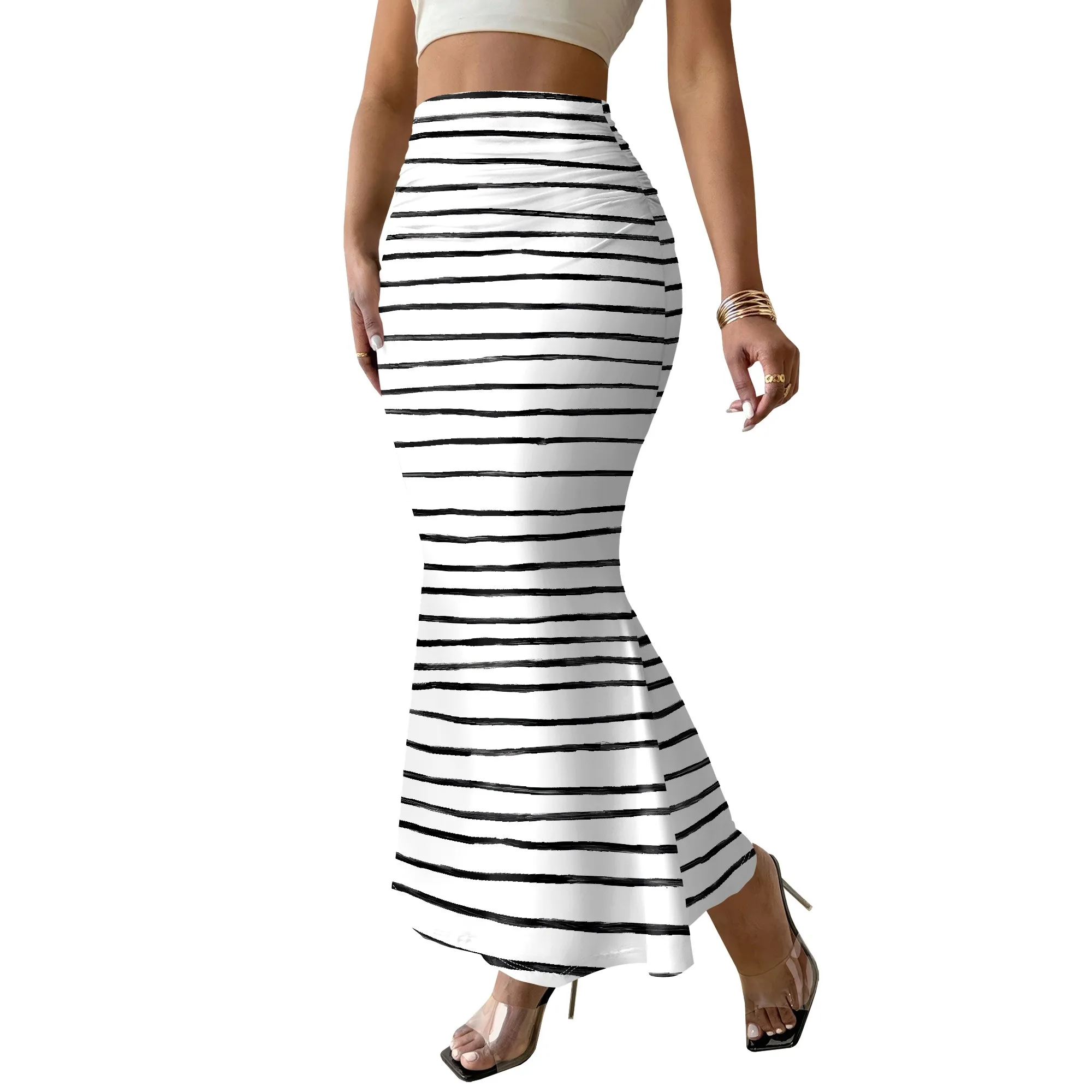 Striped Mermaid Skirt, Black White Print Midi Skirt, Elastic Waist Long Skirt, Beach Vacation Wear, Women Fashion Bottoms S-2XL