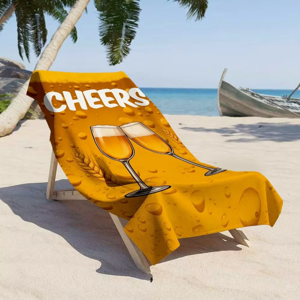 Cheers Themed Beach Towel, Yellow Retro Toast Print Bath Towel, Quick Dry Large Pool Blanket for Vacation & Shower 1pcs