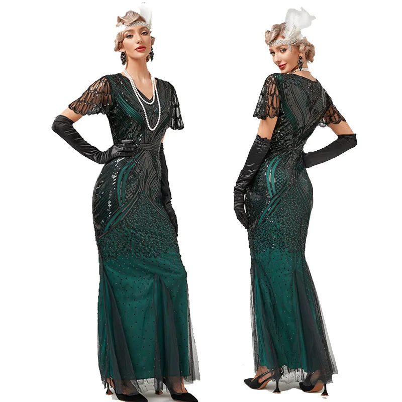 

New Fitted Fishtail Dress 1920s Flapper Mesh Sequin V-neck Skirt Great Gatsby Party Costume Host Dress Vestido De Festa