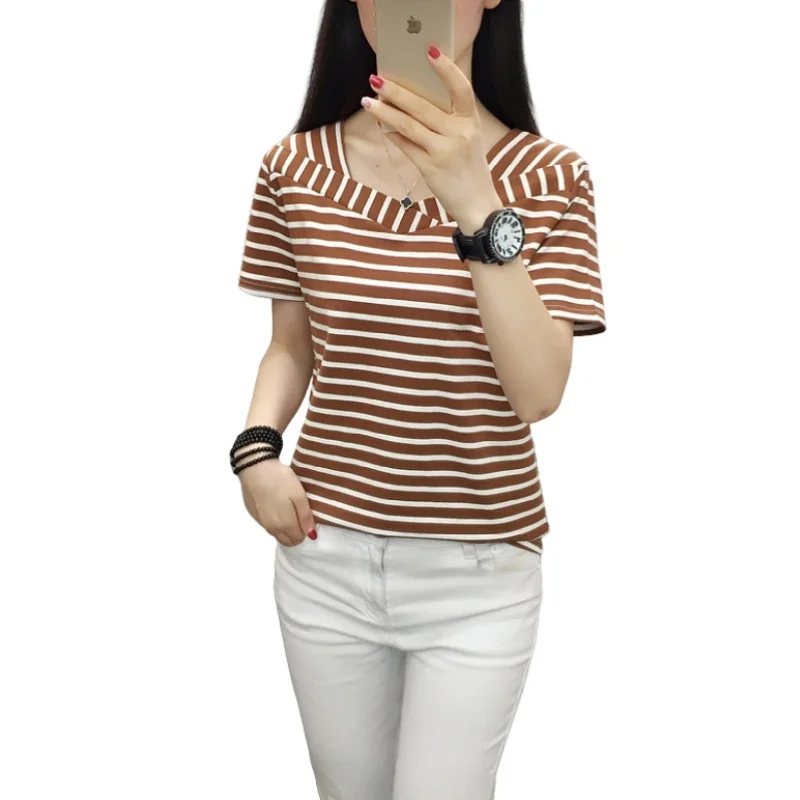 Summer Women's Cotton Short Sleeve T-shirt Plus Size Loose Casual Bottoming Shirt Fashion Striped V-neck Half Sleeve T-shirt