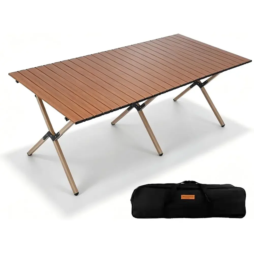 Portable Folding Camping Table with Roll-Up Top and Carry Bag, Seats 4-6, Suitable for BBQ, Hiking, and Home Use (Brown, 60x60x4