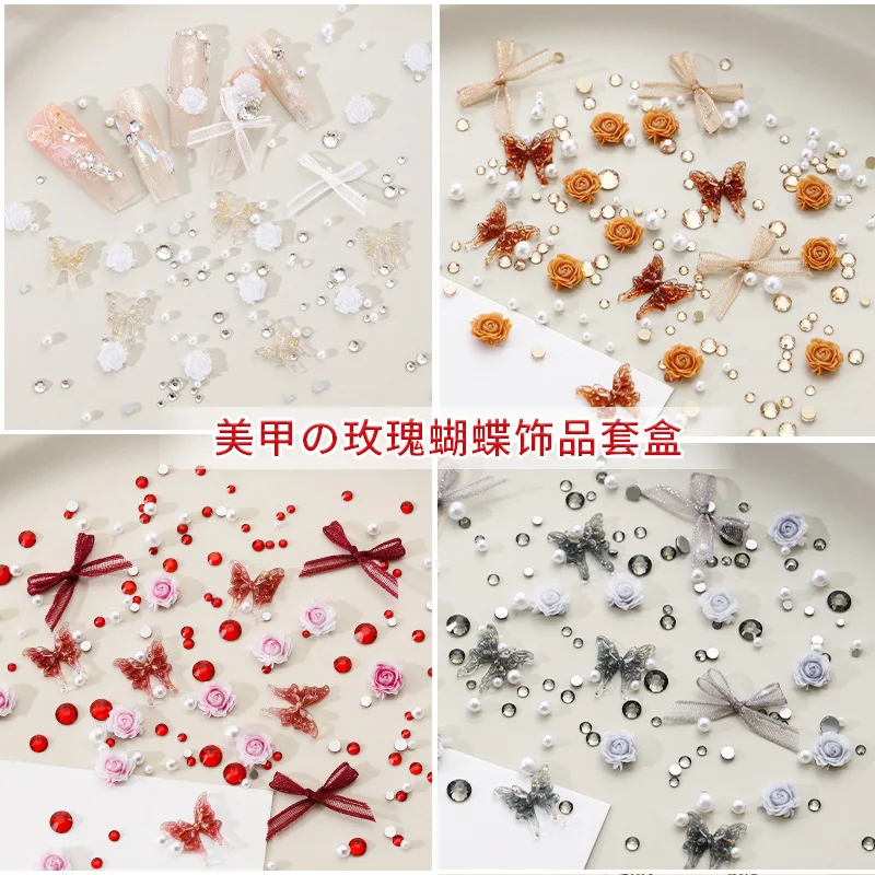 1 Opakowanie Mieszanych Ozdób do Paznokci: Akrylowe Motyle, Kokardki z Organzy, Cyrkonie, Perły - Akcesoria do Dekoracji Paznokci