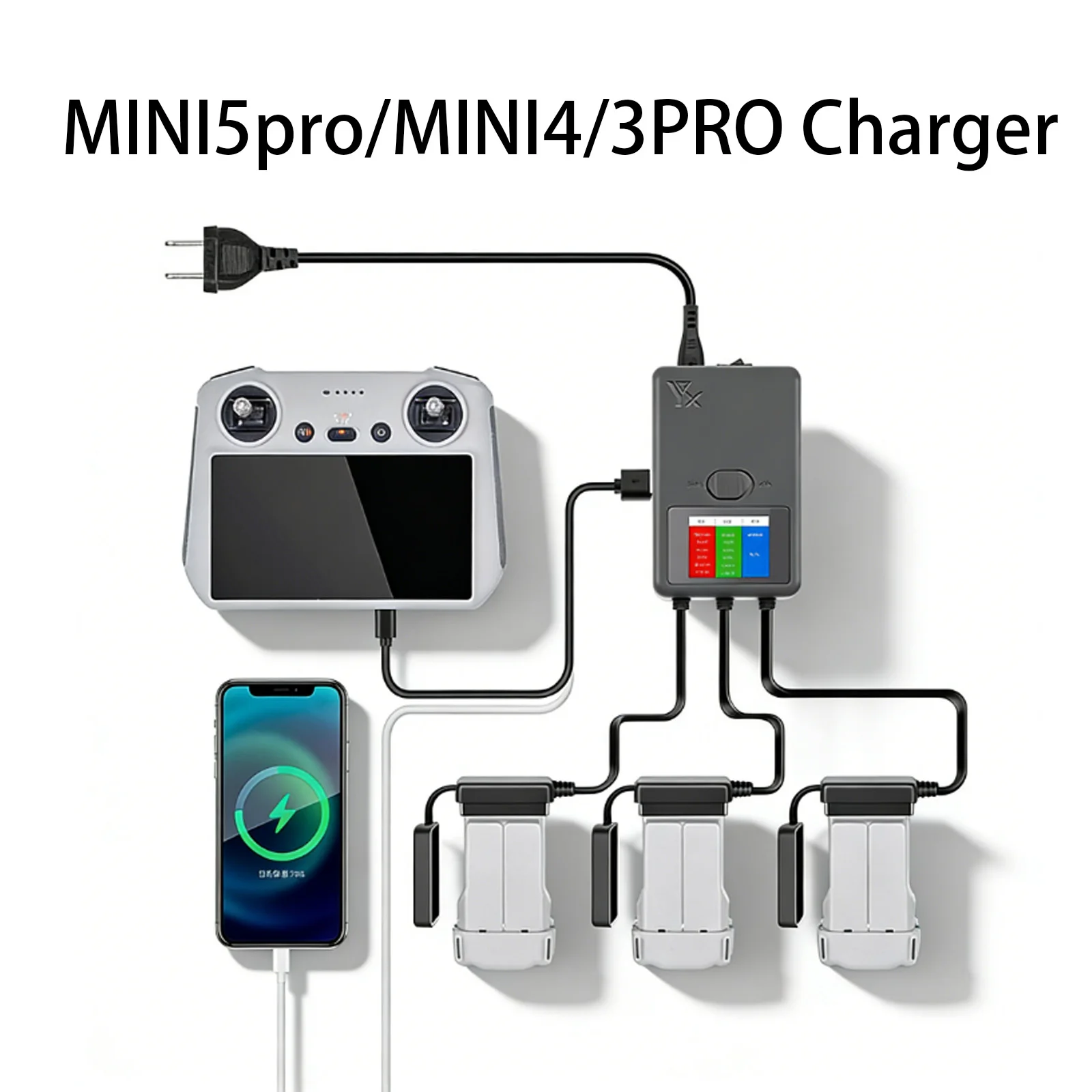 3-Port Battery Charger for DJI Mini 5 Pro/Mini 4/3 Pro Charging Hub LCD Display Storage Mode Charging Station Drone Accessories