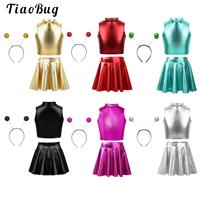 Girls Halloween Outerspace Astronaut Alien Robot Cosplay Costume Metallic Tank Crop Top and Pleated Skirt Carnival Dance Set