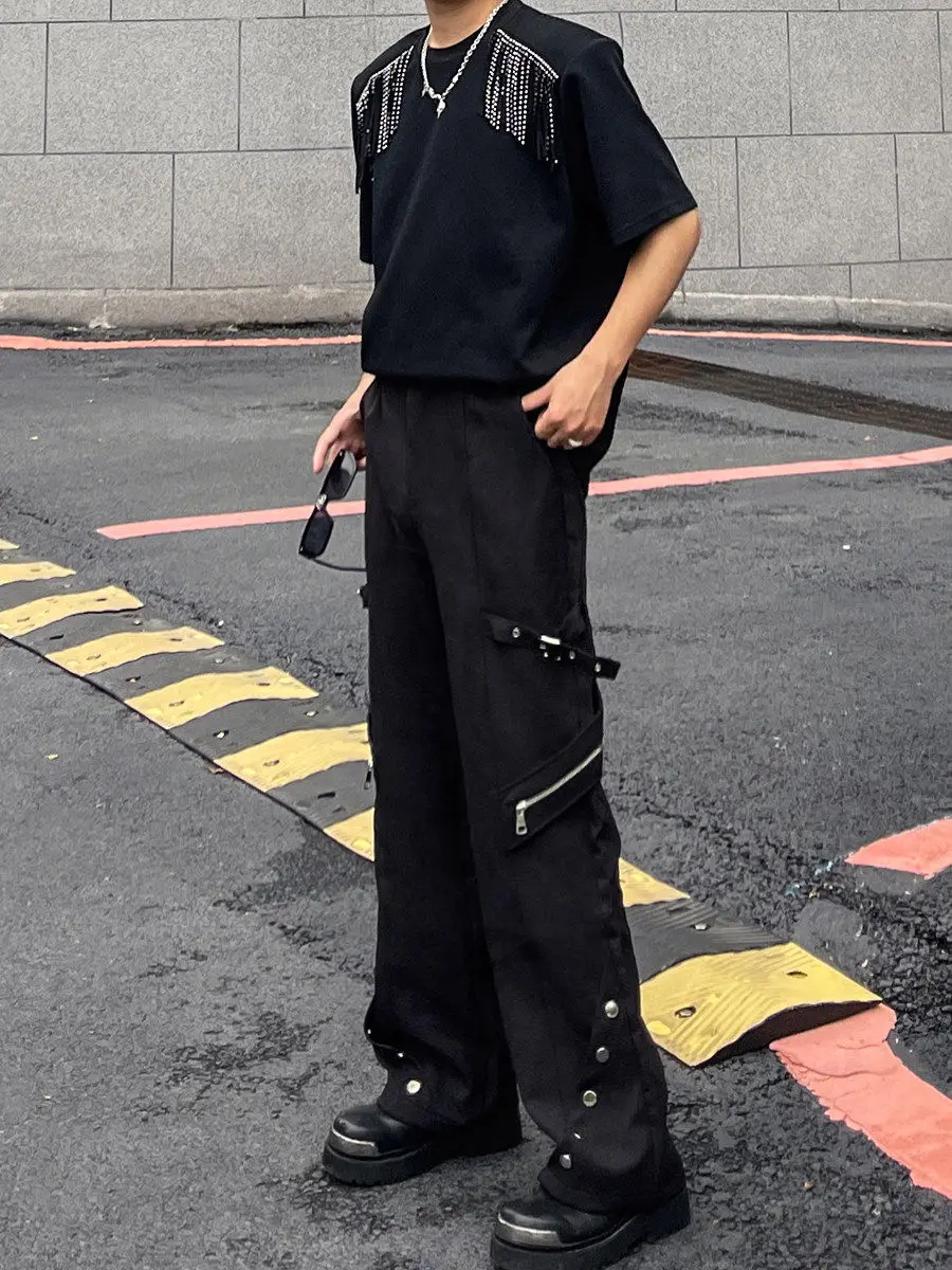 American Men Black Tie-up Pants Spring Autumn High Street Casual Fashion Gothic Zipper Male Rivet Straight Leg Trousers