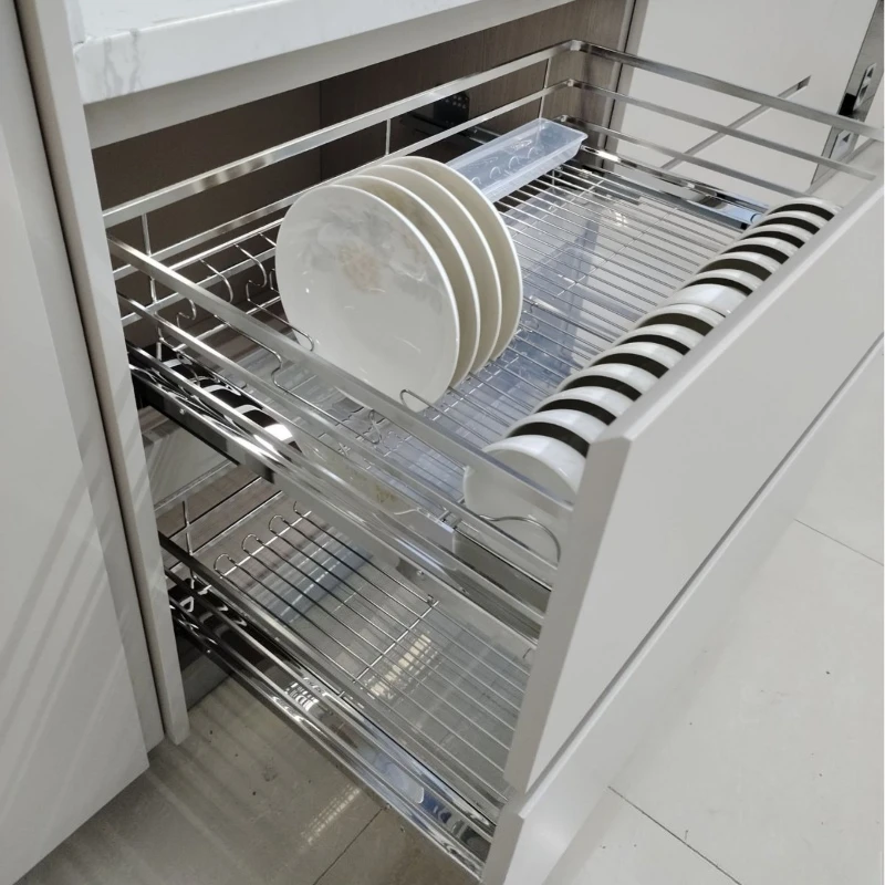 

Stainless steel flat steel dishes basket kitchen cabinet double layer