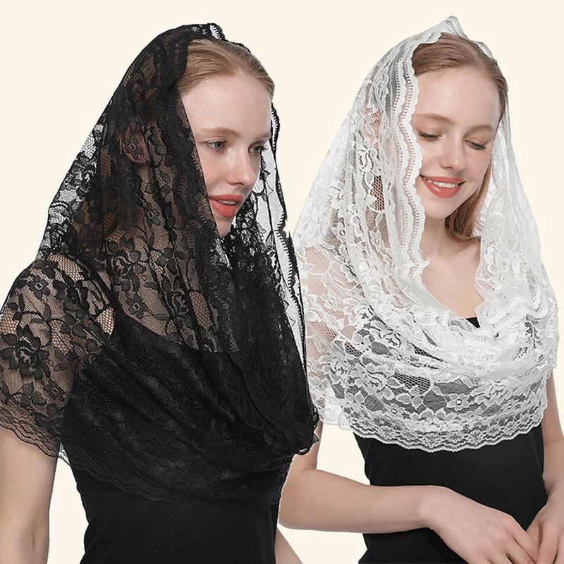 2023 NEW Lace Flower Scarf Round Bandana Church Shawl with Fringes Embroidered Floral Scarves Muslim Head Wraps Wedding Shawls