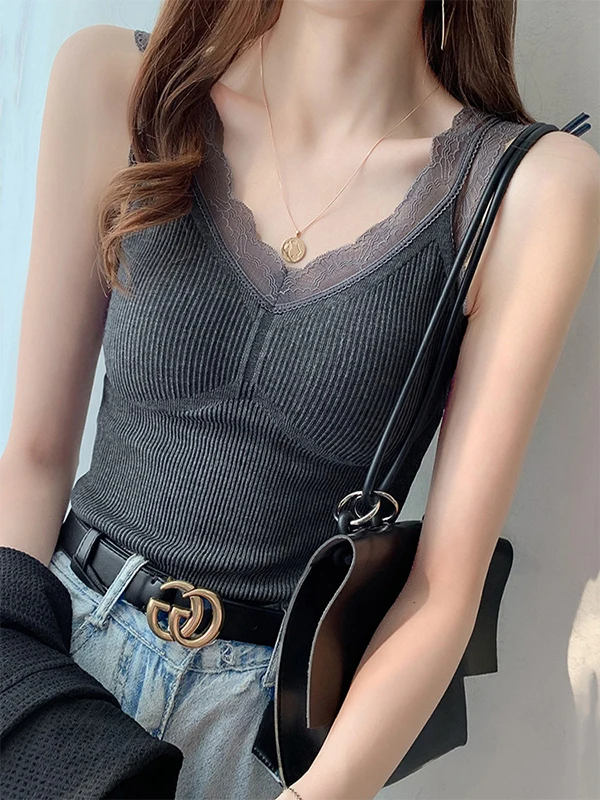 Thiened Warm Strap Vest Women's Autumn Winter Inner Wear with Chest Pad V-ne Lace One-piece Fce Svel Top